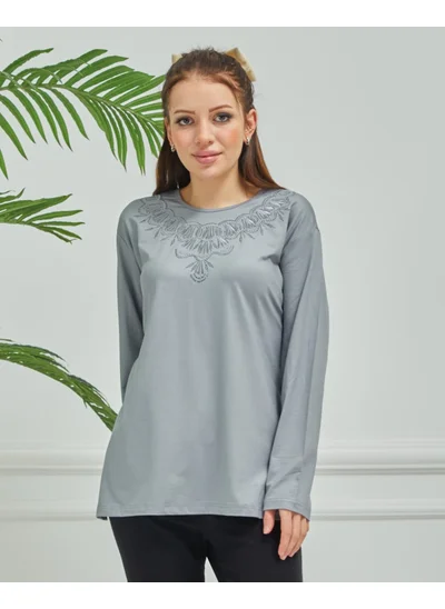 ستيلموني Women's Mother Gray Embroidered Casual Middle Age Combed Cotton Blouse