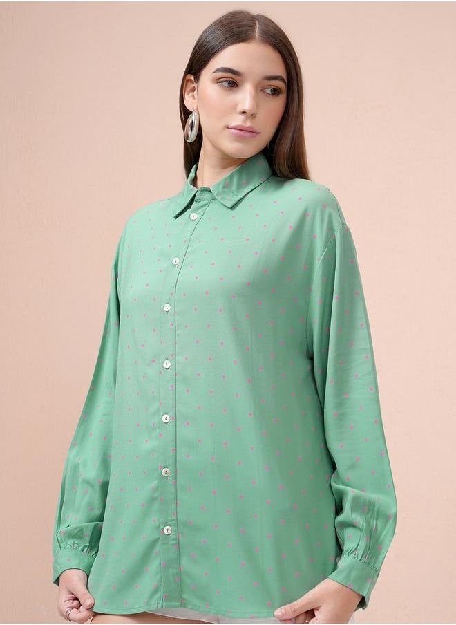 Tokyo Talkies Cutaway Collar Micro Polka Dot Print Casual Shirt - Image 4