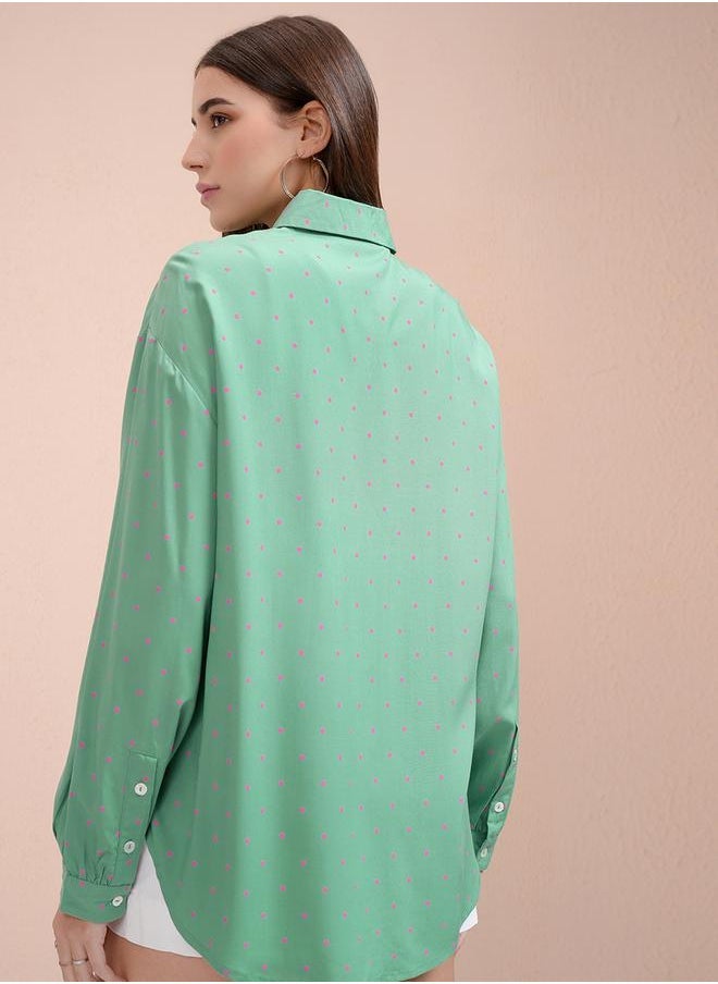 Tokyo Talkies Cutaway Collar Micro Polka Dot Print Casual Shirt - Image 3