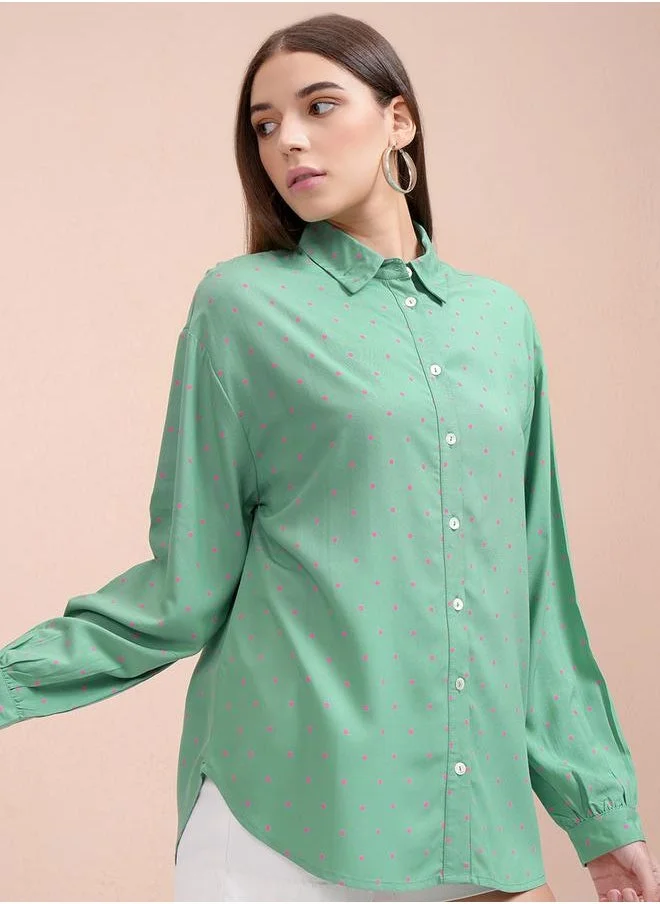 Tokyo Talkies Tokyo Talkies Cutaway Collar Micro Polka Dot Print Casual Shirt