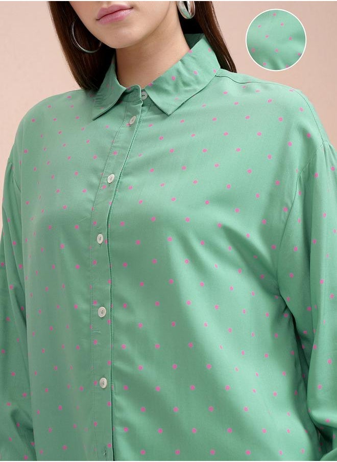 Tokyo Talkies Cutaway Collar Micro Polka Dot Print Casual Shirt - Image 5