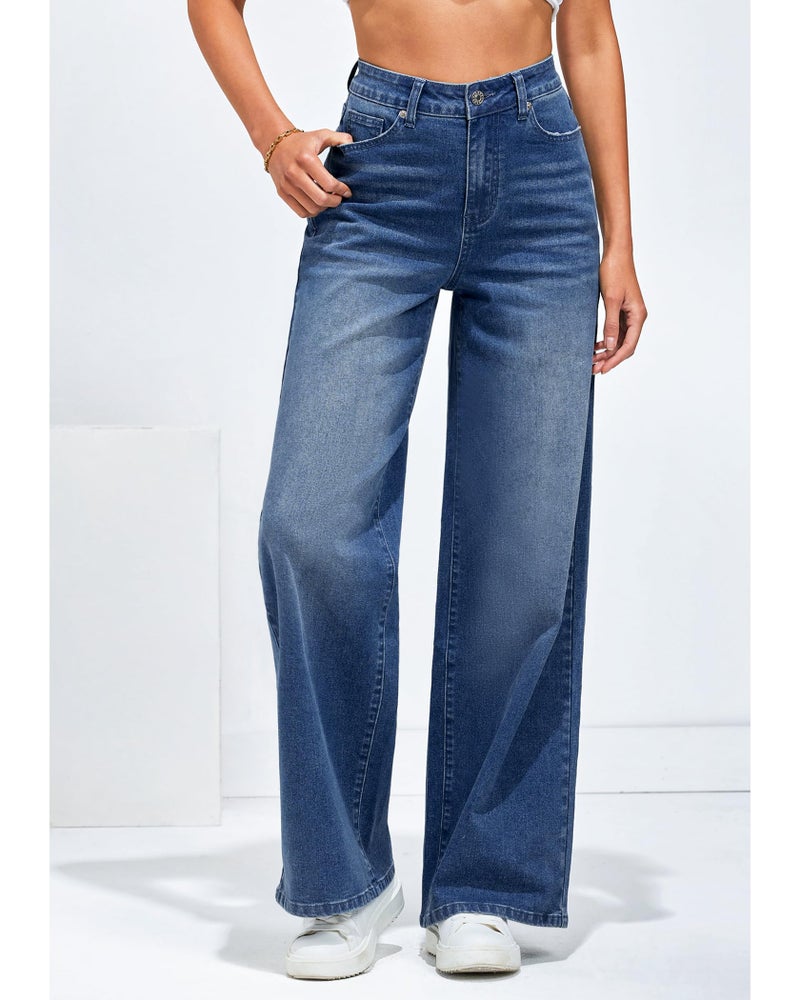 LookbookStore Womens Stretch High Waist Baggy Jeans - Loose Leg Wide Leg Pants - Nightfall Blue - Size 12-14 - Image 2
