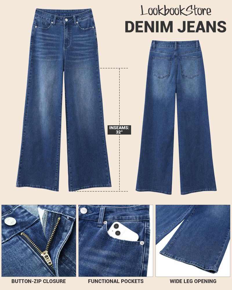 LookbookStore Womens Stretch High Waist Baggy Jeans - Loose Leg Wide Leg Pants - Nightfall Blue - Size 12-14 - Image 4