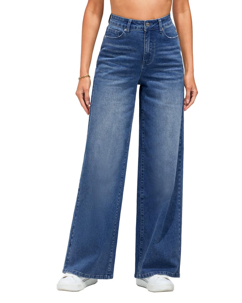 LookbookStore Womens Stretch High Waist Baggy Jeans - Loose Leg Wide Leg Pants - Nightfall Blue - Size 12-14 - Image 1