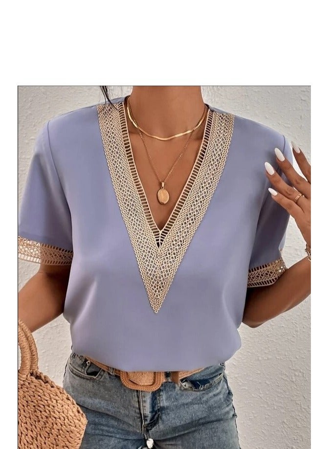 Shougu Short Sleeved V-neck Casual Ssolid Color Shirt For Women  - Image 1