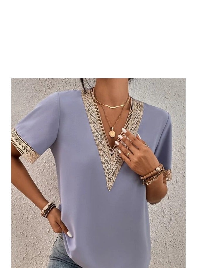 Shougu Short Sleeved V-neck Casual Ssolid Color Shirt For Women  - Image 2