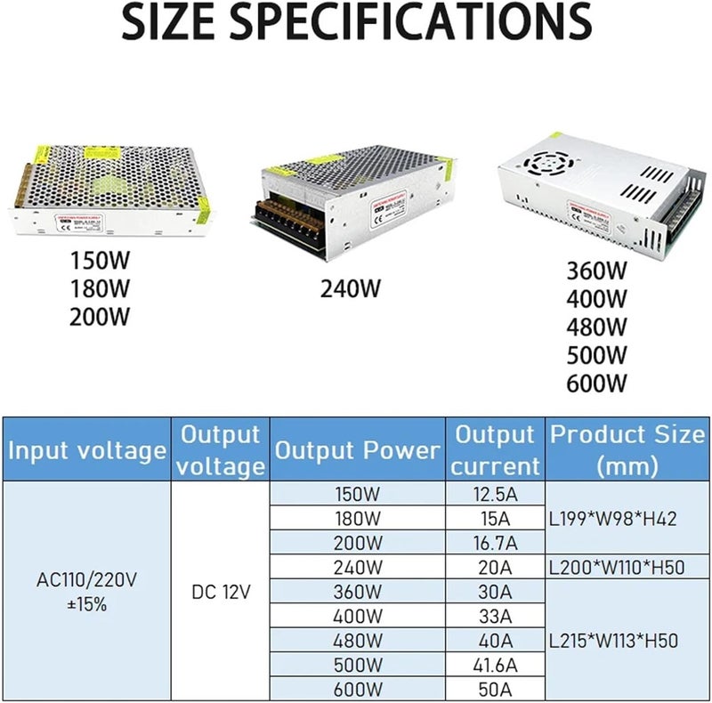 110/220V±15% ，AC to DC 12V 150W 180W 200W 240W 360W 400W 480W 500W 600W Aluminum Shell Switching Power Supply Converter Transformer(200W) - Image 2