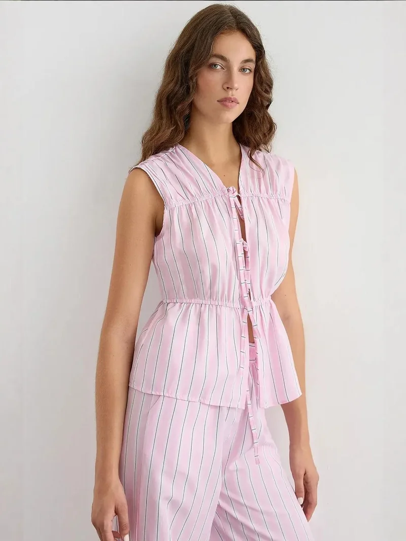 HICCUP Striped Crew Neck Blouse with Bow