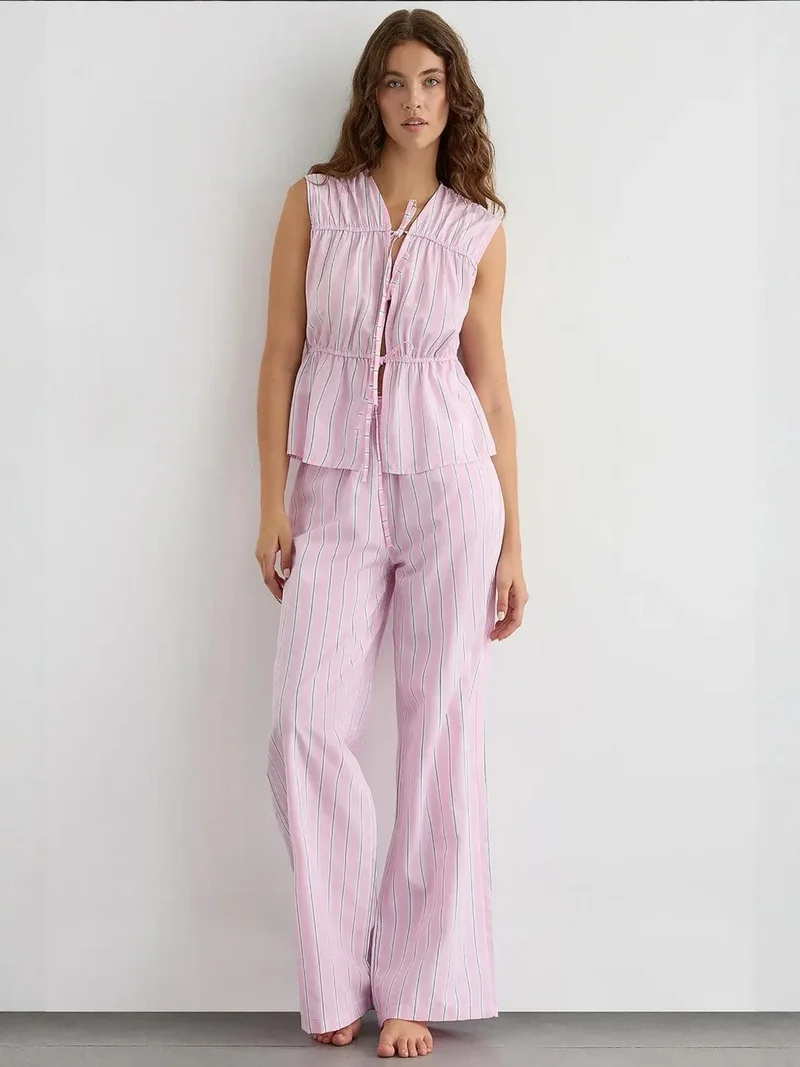 HICCUP Striped Crew Neck Blouse with Bow