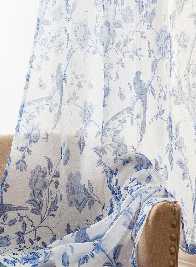 Laura Ashley Summer Palace Window Curtains with Rod Pocket, 84-inch Length, 4 Panels Set, Sheer Light Filtering, Blue - Image 4