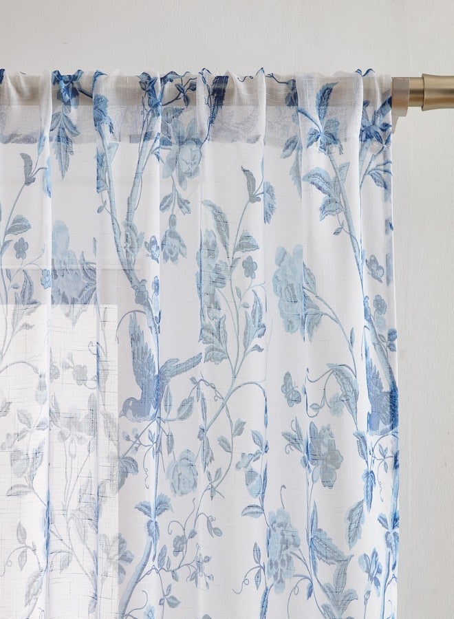 Laura Ashley Summer Palace Window Curtains with Rod Pocket, 84-inch Length, 4 Panels Set, Sheer Light Filtering, Blue - Image 2
