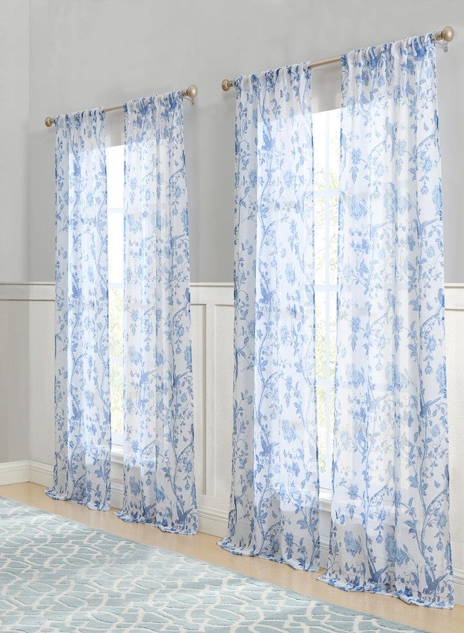 Laura Ashley Summer Palace Window Curtains with Rod Pocket, 84-inch Length, 4 Panels Set, Sheer Light Filtering, Blue - Image 3