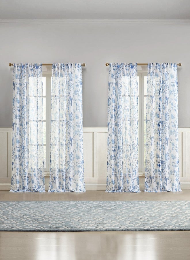 Laura Ashley Summer Palace Window Curtains with Rod Pocket, 84-inch Length, 4 Panels Set, Sheer Light Filtering, Blue - Image 1