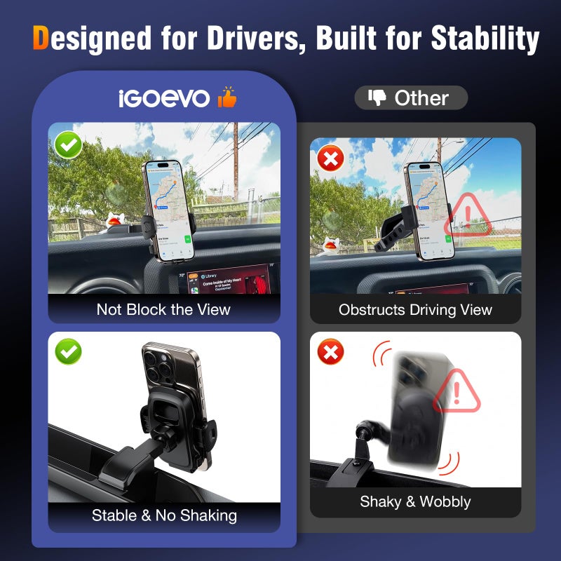 iGoevo Dashboard Phone Mount for Jeep Wrangler JL JLU & Gladiator JT (2018â€“2023) â€“ Storage Tray Organizer with Metal Clamp Arm & Extension Rod, Scratch-Free Silicone Base, No-Rattle Design, Not for 4xe - Image 4