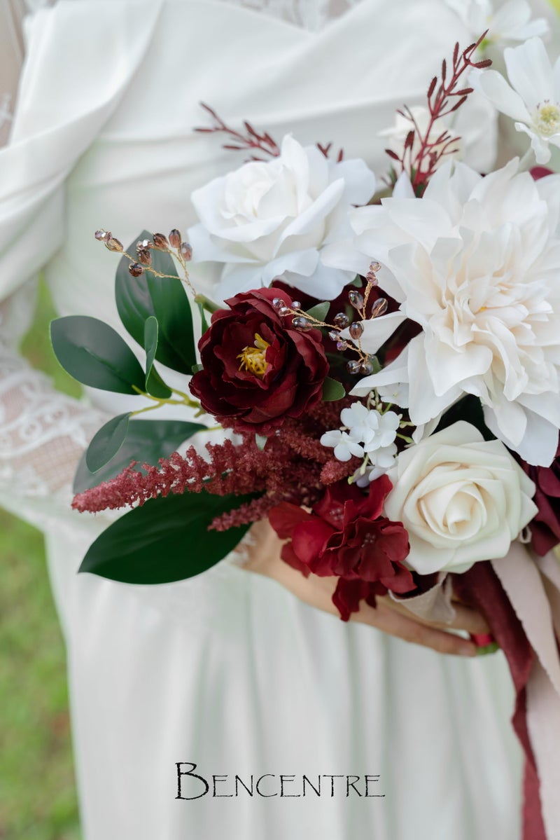 BENCENTRE 10 Inch Burgundy&White Bridal Bouquet Fall Wedding Bouquet Bride Bouquets for Wedding Ceremony Anniversary  Party and French Rustic Vintage Wedding Artificial Flowers - Image 5