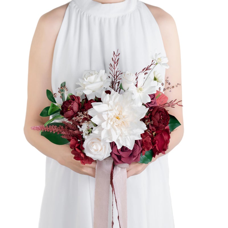 BENCENTRE 10 Inch Burgundy&White Bridal Bouquet Fall Wedding Bouquet Bride Bouquets for Wedding Ceremony Anniversary  Party and French Rustic Vintage Wedding Artificial Flowers - Image 1