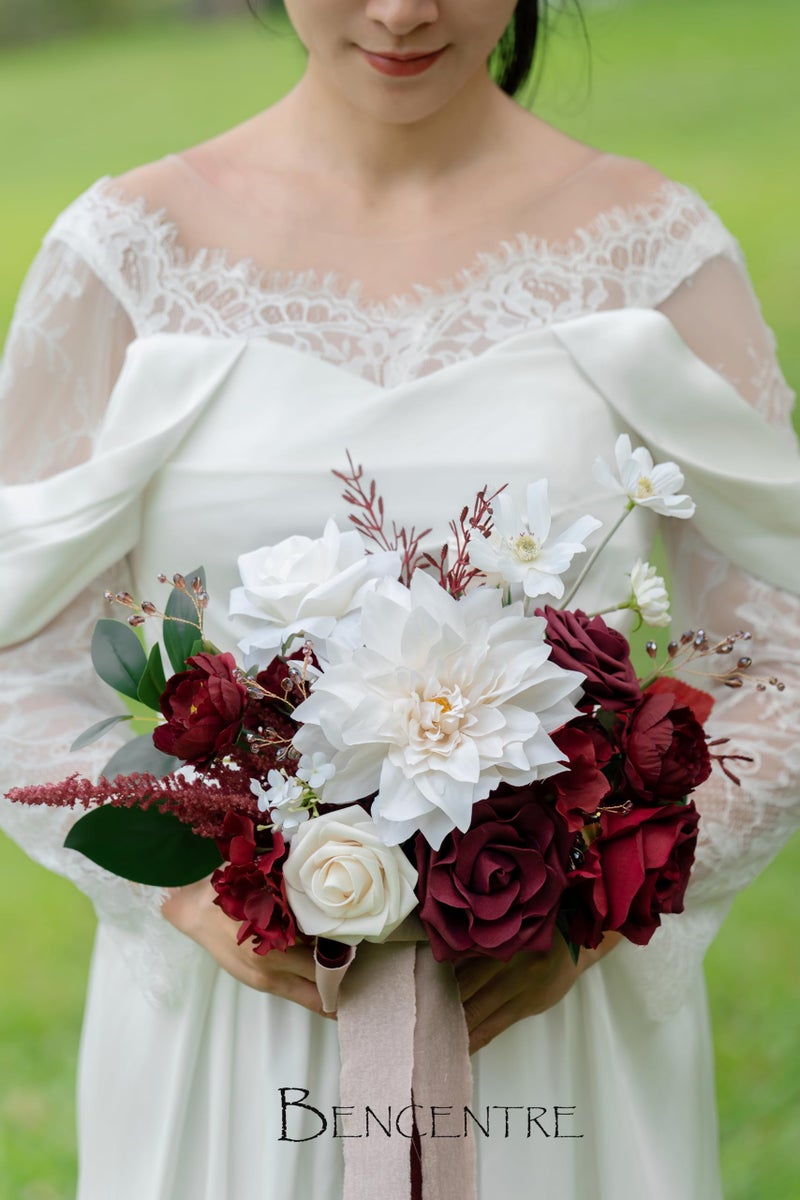 BENCENTRE 10 Inch Burgundy&White Bridal Bouquet Fall Wedding Bouquet Bride Bouquets for Wedding Ceremony Anniversary  Party and French Rustic Vintage Wedding Artificial Flowers - Image 2