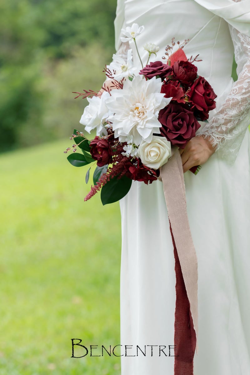BENCENTRE 10 Inch Burgundy&White Bridal Bouquet Fall Wedding Bouquet Bride Bouquets for Wedding Ceremony Anniversary  Party and French Rustic Vintage Wedding Artificial Flowers - Image 3