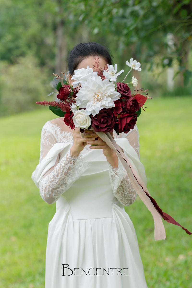 BENCENTRE 10 Inch Burgundy&White Bridal Bouquet Fall Wedding Bouquet Bride Bouquets for Wedding Ceremony Anniversary  Party and French Rustic Vintage Wedding Artificial Flowers - Image 4