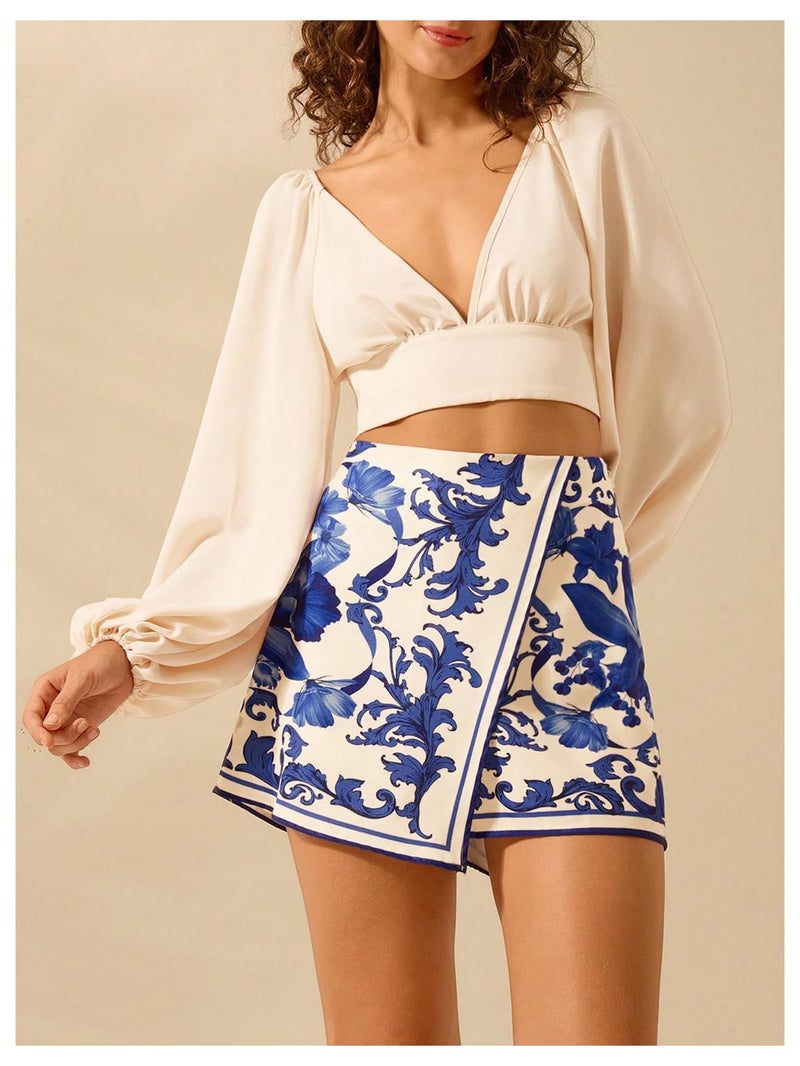 MakeMeChic Women's Floral Wrap Skirt Vacation High Waist Wide Leg Boho Shorts Skorts Blue and White Medium - Image 5