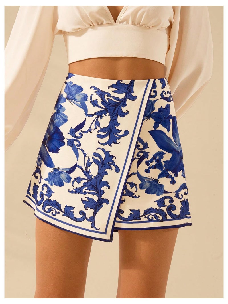 MakeMeChic Women's Floral Wrap Skirt Vacation High Waist Wide Leg Boho Shorts Skorts Blue and White Medium - Image 2