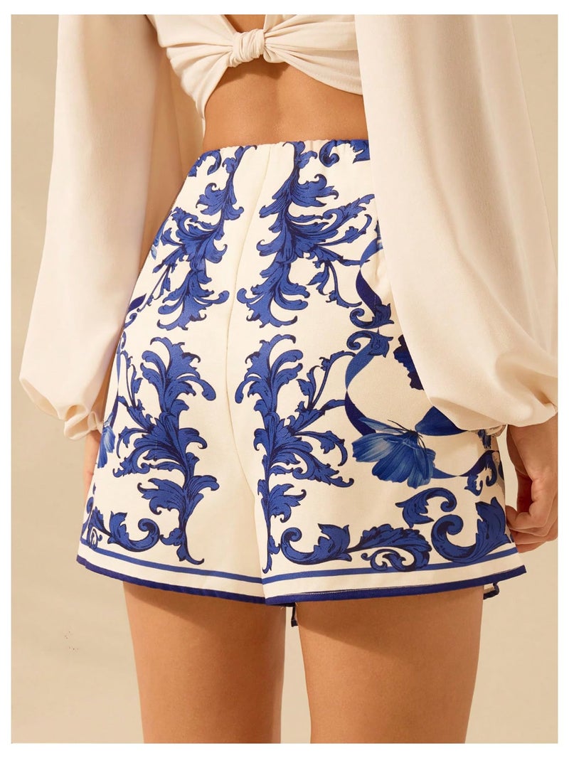 MakeMeChic Women's Floral Wrap Skirt Vacation High Waist Wide Leg Boho Shorts Skorts Blue and White Medium - Image 3