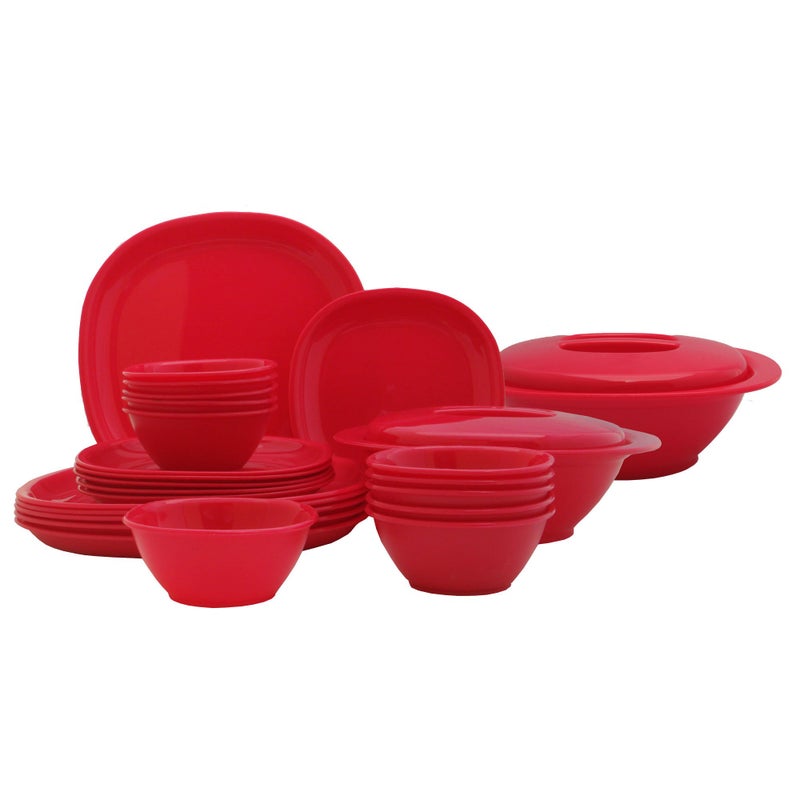 Incrizma Plastic Square Plate and Bowl Set, 28-Pieces, Red