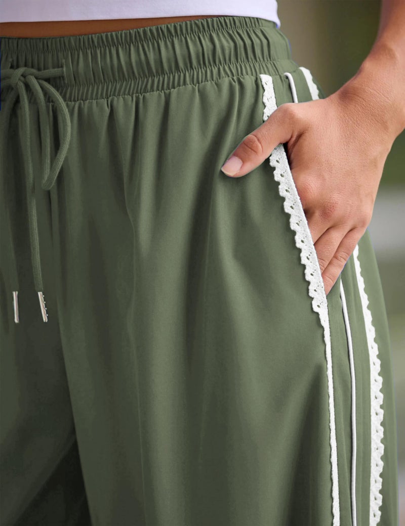Yeokou Women's Wide Leg Sweatpants Side Stripe Crochet Slip on Drawstring Casual Running Track Palazzo Pants with Pockets (Green-S) - Image 5