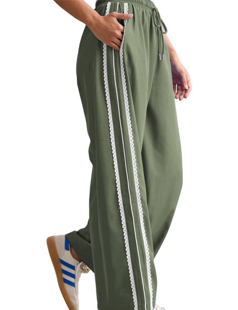 Yeokou Women's Wide Leg Sweatpants Side Stripe Crochet Slip on Drawstring Casual Running Track Palazzo Pants with Pockets (Green-S) - Image 2