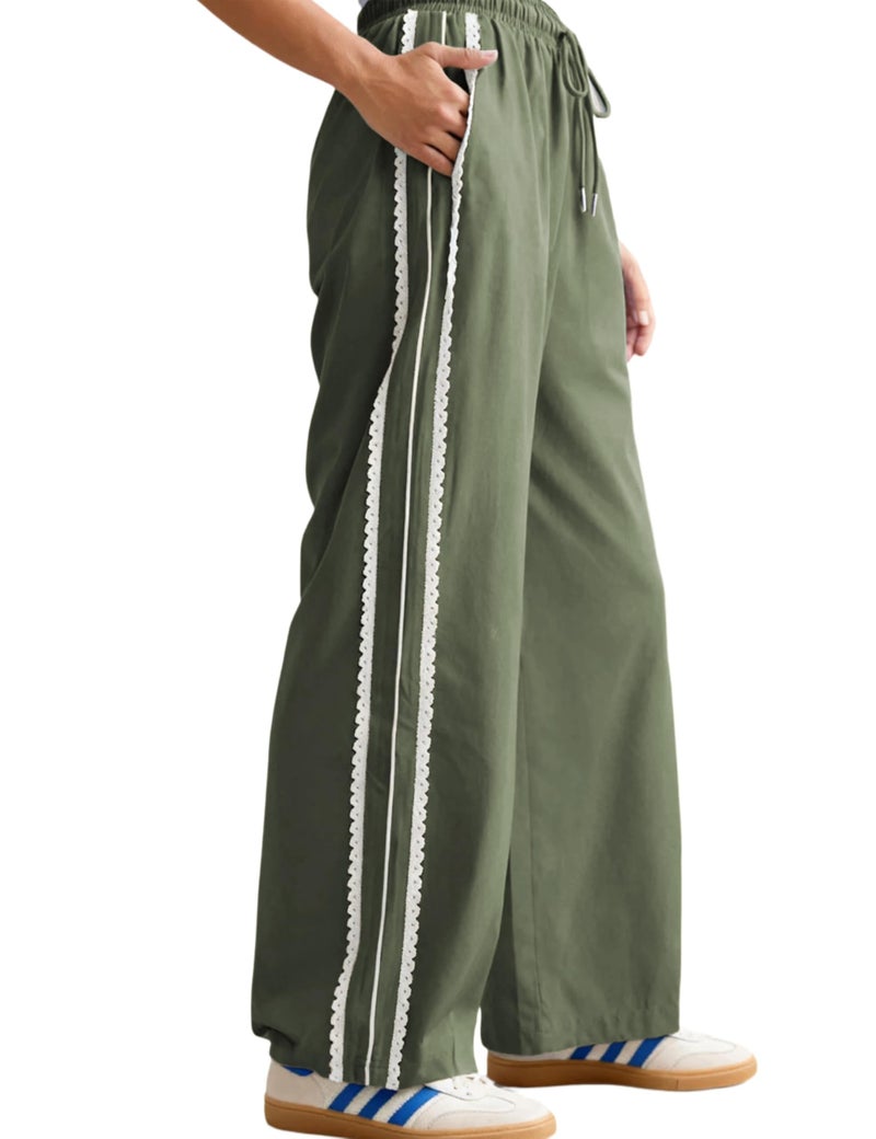 Yeokou Women's Wide Leg Sweatpants Side Stripe Crochet Slip on Drawstring Casual Running Track Palazzo Pants with Pockets (Green-S) - Image 1