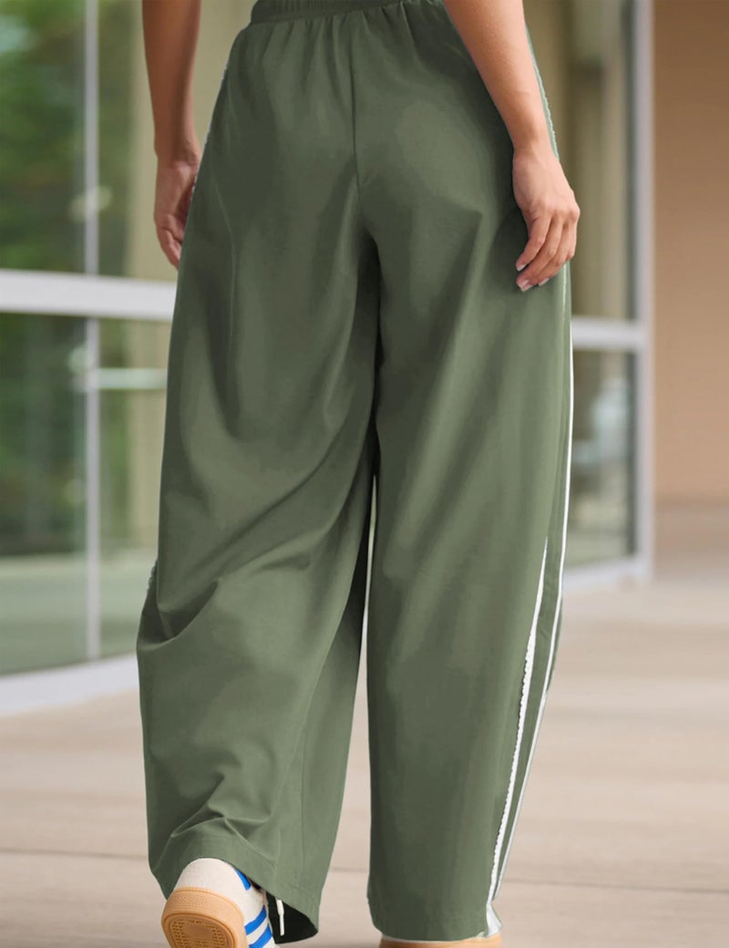 Yeokou Women's Wide Leg Sweatpants Side Stripe Crochet Slip on Drawstring Casual Running Track Palazzo Pants with Pockets (Green-S) - Image 4