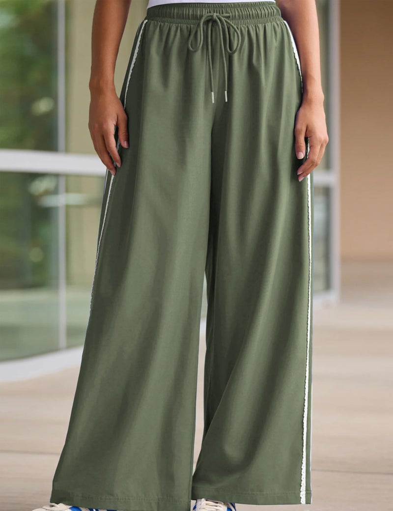 Yeokou Women's Wide Leg Sweatpants Side Stripe Crochet Slip on Drawstring Casual Running Track Palazzo Pants with Pockets (Green-S) - Image 3