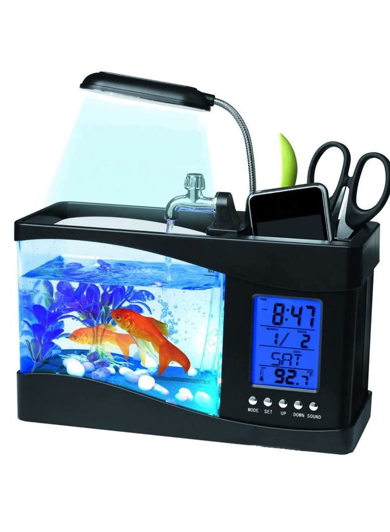 AS SEEN ON TV حوض أسماك بمصباح سطح المكتب LCD صغير بمنفذ USB مع تقويم LED وساعة باللون الأسود - Image 1