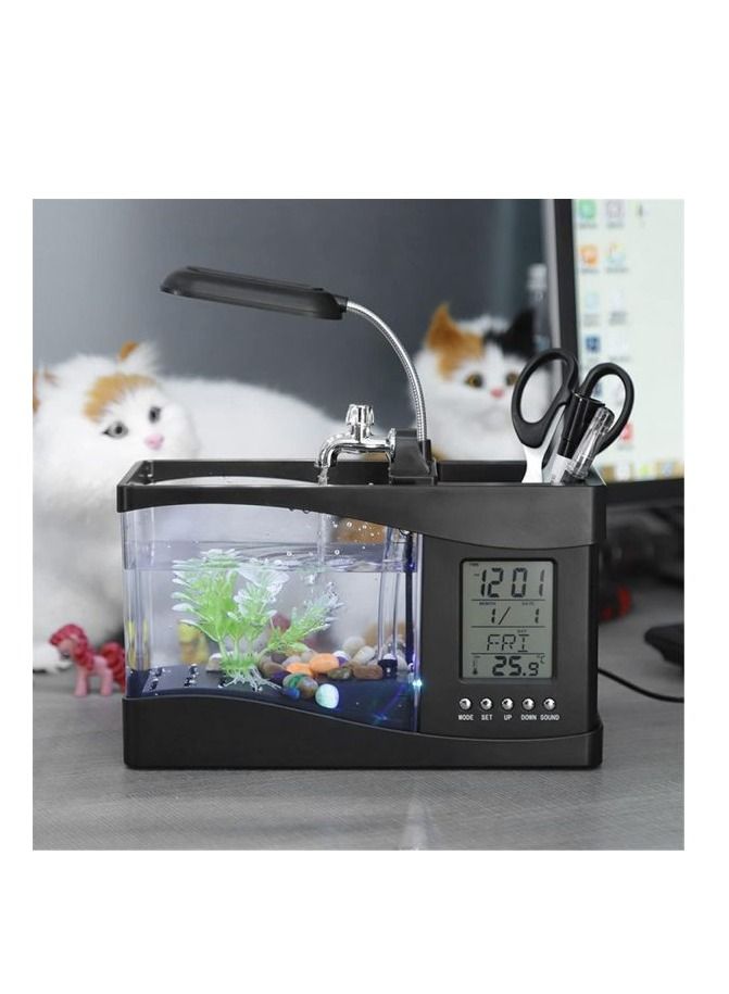 AS SEEN ON TV حوض أسماك بمصباح سطح المكتب LCD صغير بمنفذ USB مع تقويم LED وساعة باللون الأسود - Image 3