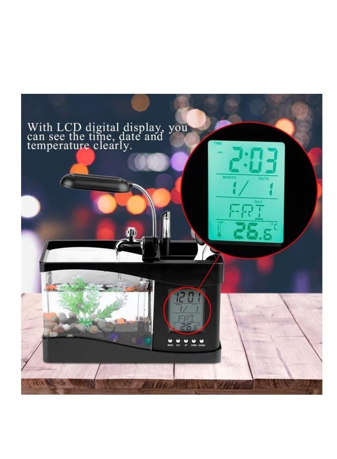 AS SEEN ON TV حوض أسماك بمصباح سطح المكتب LCD صغير بمنفذ USB مع تقويم LED وساعة باللون الأسود - Image 4