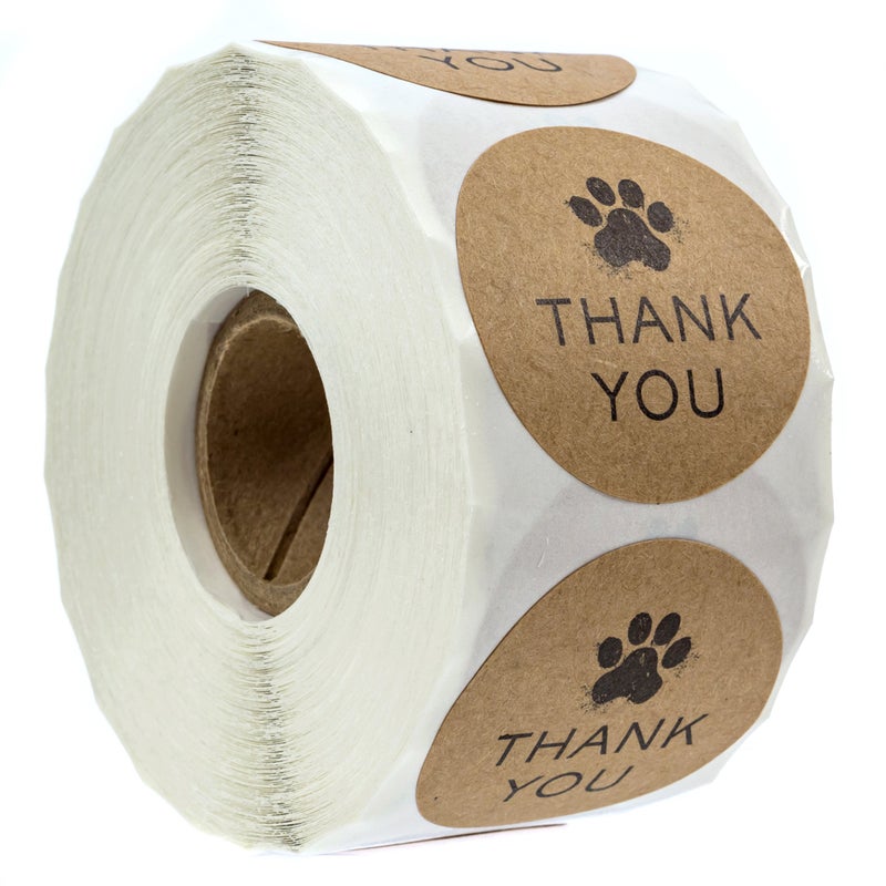 SBlabels 1.5" Round Brown Kraft Paw Print Thank You Stickers / 500 Dog Paw Print Thank You Labels Roll/Dog Cat Pet Animal Thank You Sticker/Made in The USA - Image 1