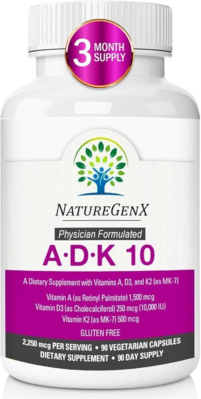 مكمل NatureGenX ADK 10 الفعال A K2 D3 فيتامين مكمل 10000 وحدة دولية لدعم العظام والقلب والمناعة 90 حبة كبسولات فيتامين ADK سهلة البلع 3 أشهر إمداد