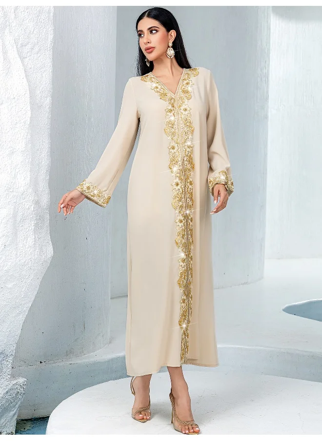 Madam Uniq New Apricot V-Neck A-Line Dress with Gold Lace and Pearlescent Bead Embroidery