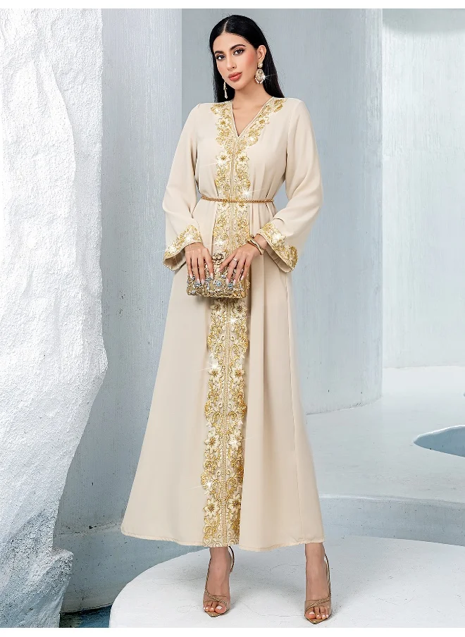 Madam Uniq New Apricot V-Neck A-Line Dress with Gold Lace and Pearlescent Bead Embroidery