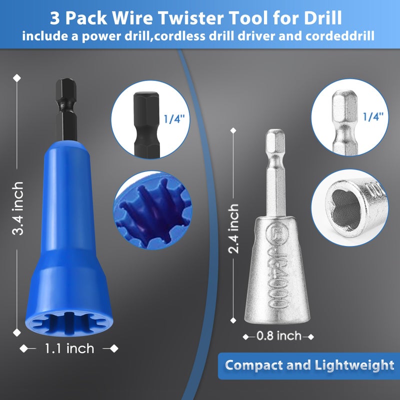SUTQIGUI 3 Pack Wire Twister Tool for Drill with 1/4" Hex Shank,Electrician Tools Wire Nut Twister for Drill, Quick Wire Connector Wire Twisting Tool(3 pcs) - Image 2