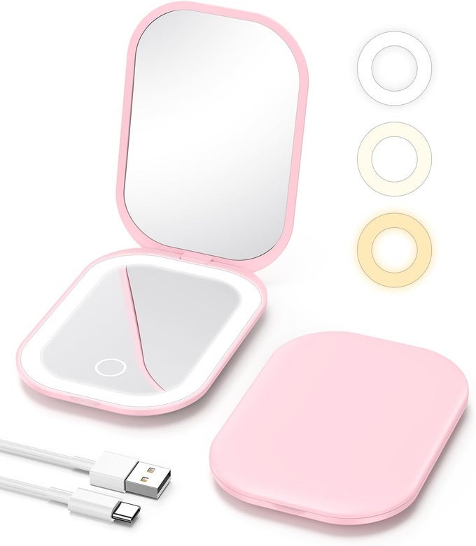 LIGHTED TRAVEL MAKEUP MIRROR WITH LIGHT AND MAGNIFICATION 1X3X STEPLESS DIMMING AND THREECOLOR ADJUSTABLE LIGHTS RECHARGEABLE BATTERY AND COMPACT SIZE FOR PURSE AND PORTABLE USE PINK