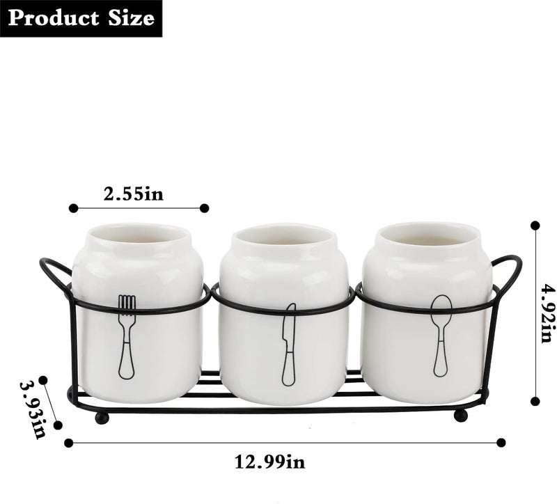 EWUHRY 4 Piece Silverware Holder Set White Ceramic Silverware Caddy with Black Metal Rack, Utensil Holder Flatware Organizers Cutlery Storage for Kitchen Table, Cabinet, Pantry - Image 3