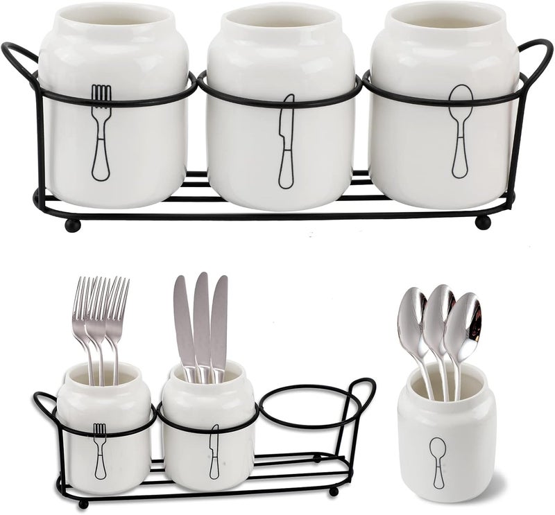 EWUHRY 4 Piece Silverware Holder Set White Ceramic Silverware Caddy with Black Metal Rack, Utensil Holder Flatware Organizers Cutlery Storage for Kitchen Table, Cabinet, Pantry - Image 1