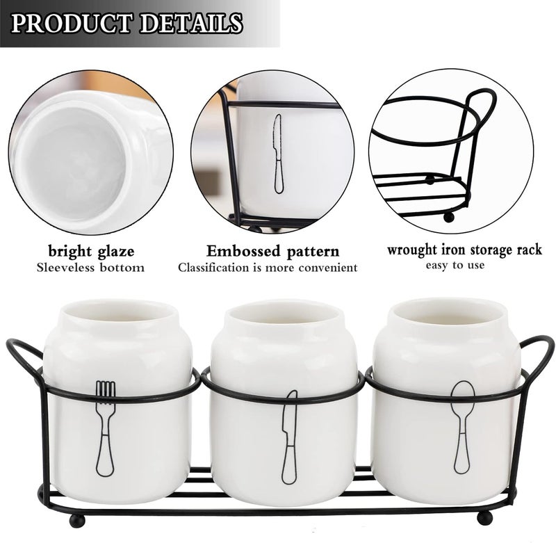 EWUHRY 4 Piece Silverware Holder Set White Ceramic Silverware Caddy with Black Metal Rack, Utensil Holder Flatware Organizers Cutlery Storage for Kitchen Table, Cabinet, Pantry - Image 2