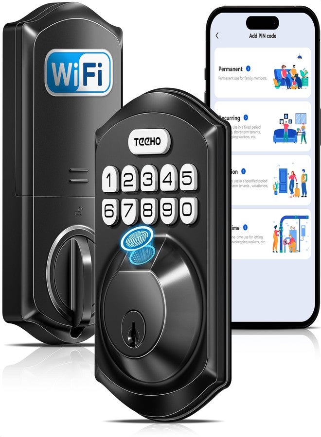 TEEHO WiFi Smart Lock TE012W, Fingerprint Door Lock with Built-in Wi-Fi, Keyless Entry Keypad Smart Deadbolt, App Remote Control, Alexa Compatible, IP55 Waterproof for Front Door - Matte Black - Image 1