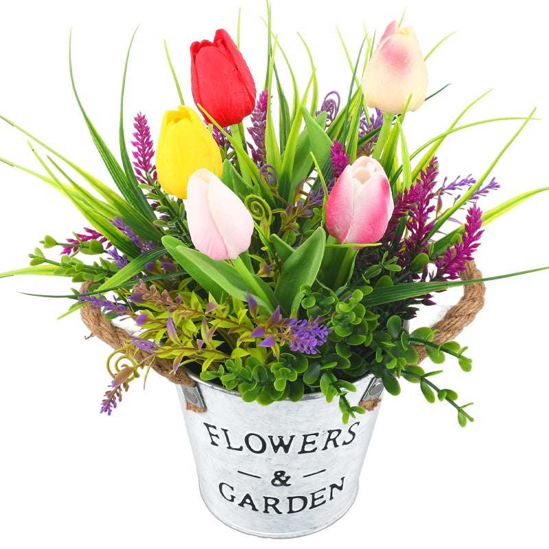 Solsew Spring Easter Flower Table Centerpiece, 10" Tall Fake Tulips Lavender in Vase Farmhouse Floral Arrangement Artificial Potted Plants for Rustic Home Office Patio Decor Mother Gift - Image 1