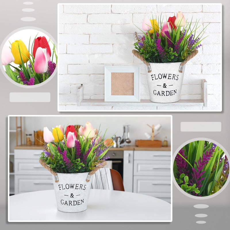 Solsew Spring Easter Flower Table Centerpiece, 10" Tall Fake Tulips Lavender in Vase Farmhouse Floral Arrangement Artificial Potted Plants for Rustic Home Office Patio Decor Mother Gift - Image 5
