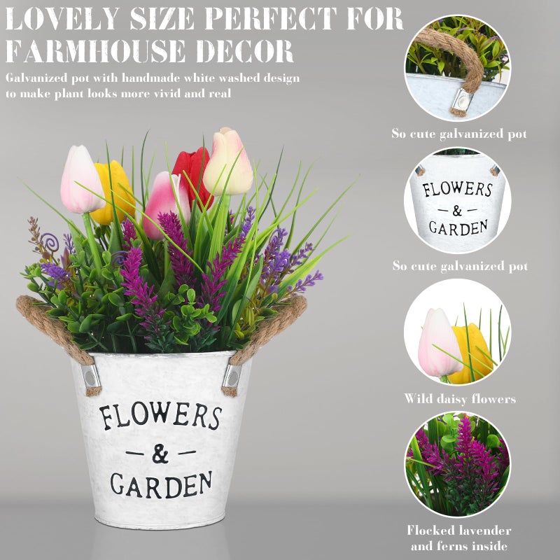 Solsew Spring Easter Flower Table Centerpiece, 10" Tall Fake Tulips Lavender in Vase Farmhouse Floral Arrangement Artificial Potted Plants for Rustic Home Office Patio Decor Mother Gift - Image 4