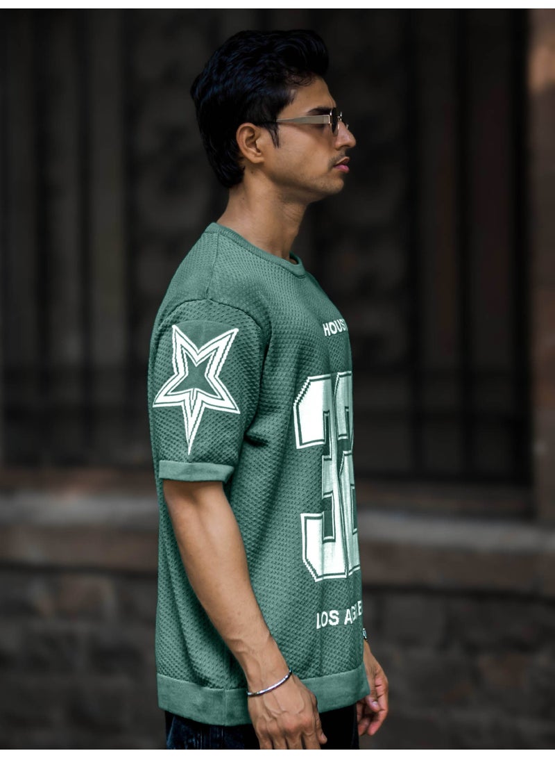 Maniac Mens Printed Round Neck Half Sleeve Green and White Flat Knit Oversized Fit T-Shirt - Image 3