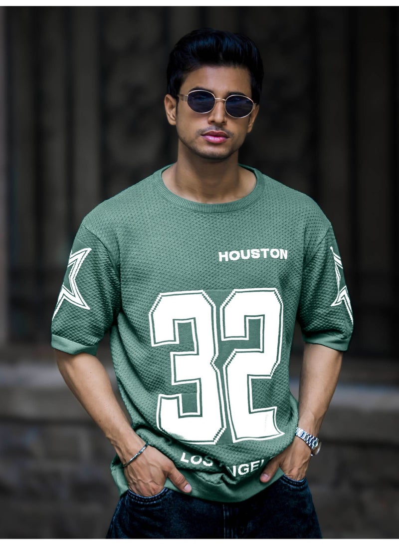 Maniac Mens Printed Round Neck Half Sleeve Green and White Flat Knit Oversized Fit T-Shirt - Image 1